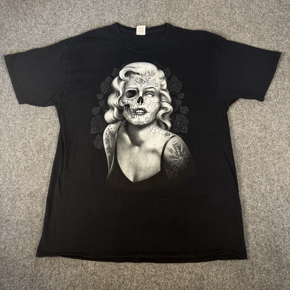 Vintage Men's XL Marilyn Monroe Tattoo Skull Skeleton Black T Shirt Zombie Faded